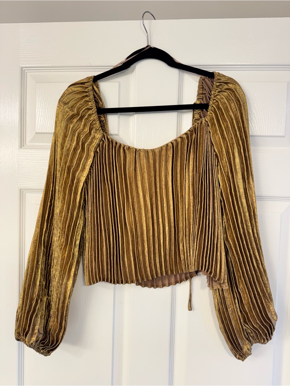 Vici Gold Pleated Velvet Long Sleeve Crop Top